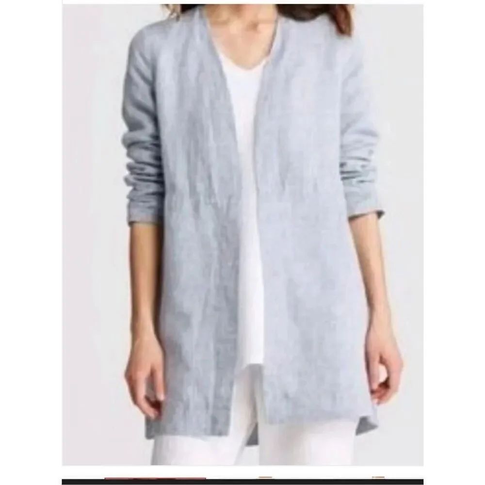 Eileen Fisher Lagenlook Women's Medium 100% Linen Chambray Long blue cardigan